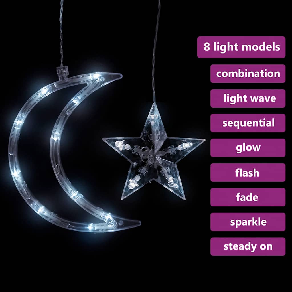 138 hideg fehér LED-es csillag és hold fényfüzér távirányítóval