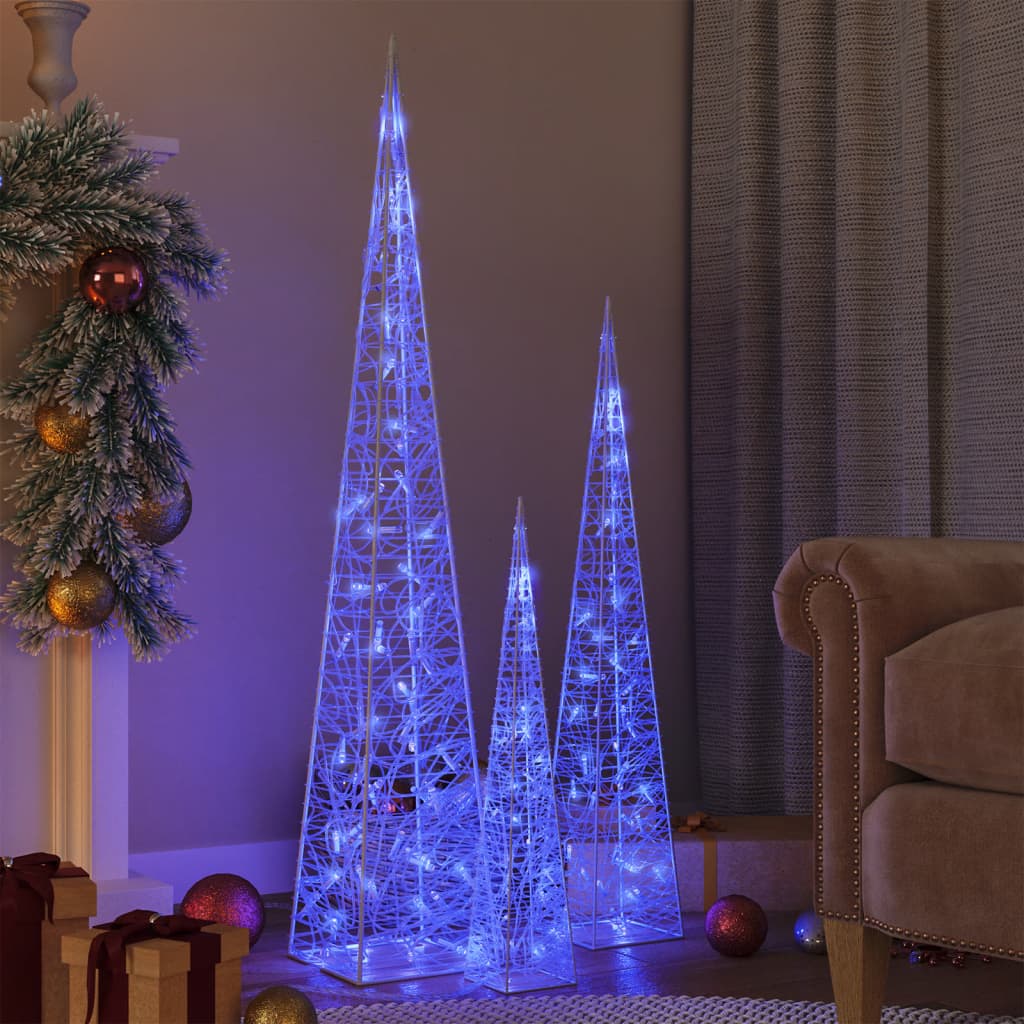 kék fényű LED-es akril díszfénykúpszett 60/90/120 cm