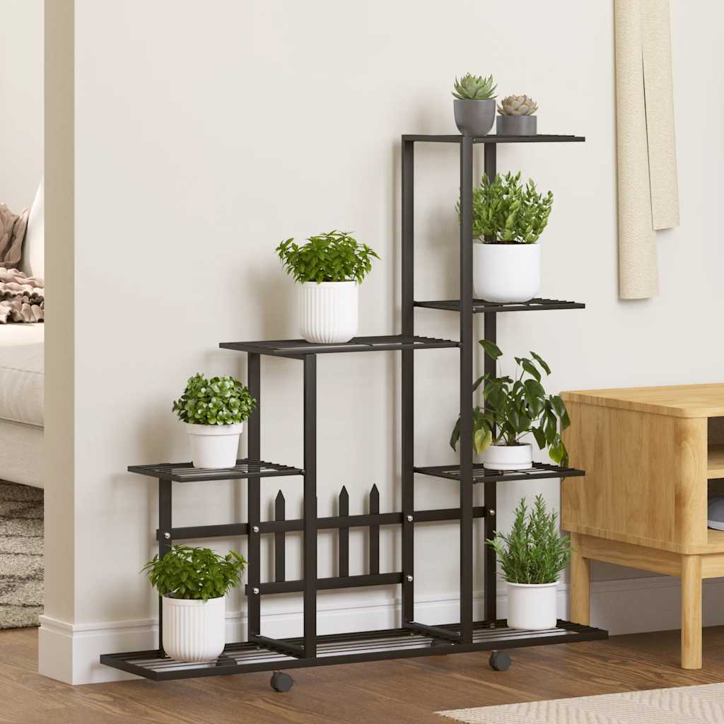 fekete acél virágtartó állvány kerékkel 94,5 x 25 x 92,5 cm