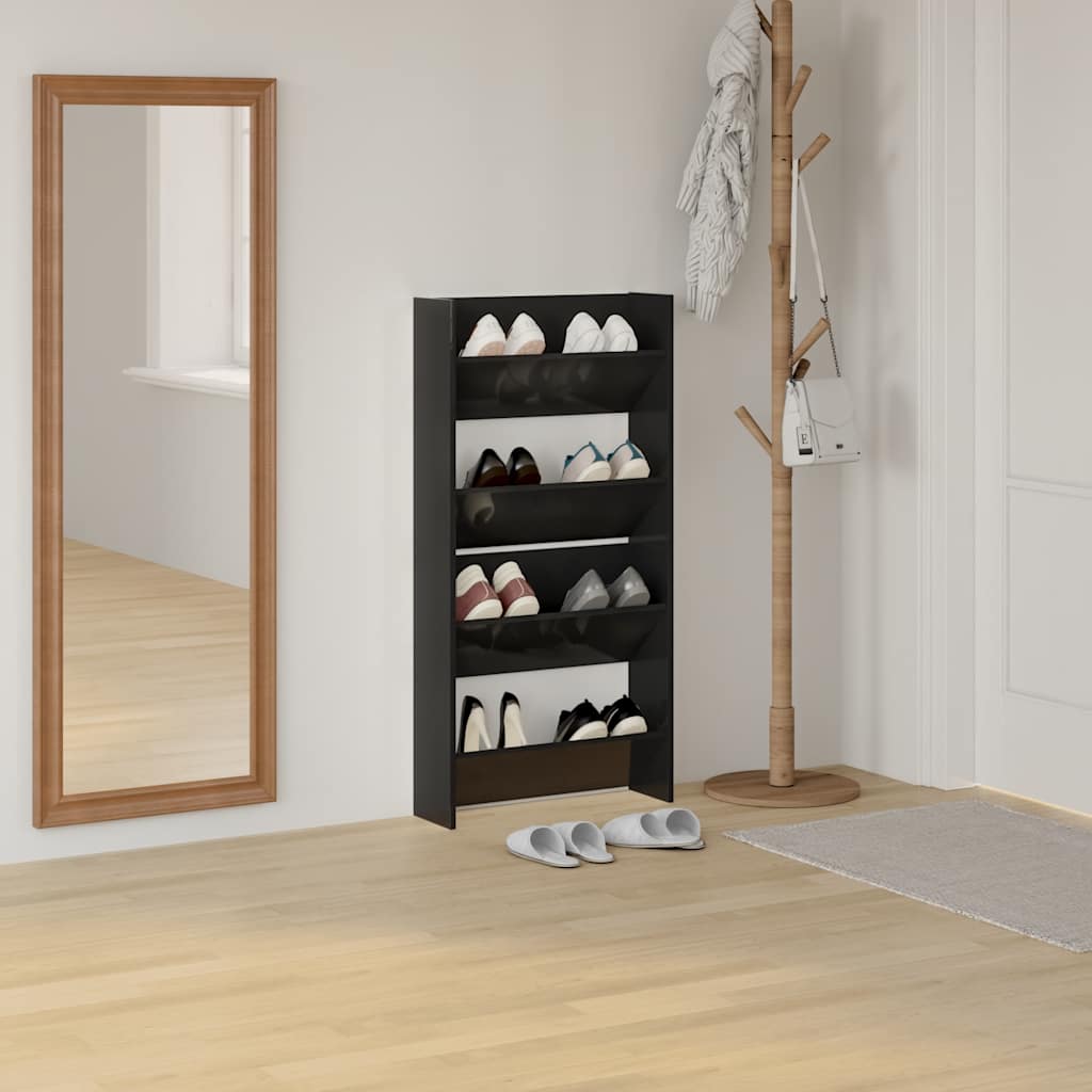 2 db magasfényű fekete szerelt fa fali cipősszekrény 60x18x60cm