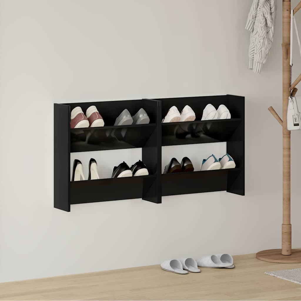 2 db magasfényű fekete szerelt fa fali cipősszekrény 60x18x60cm