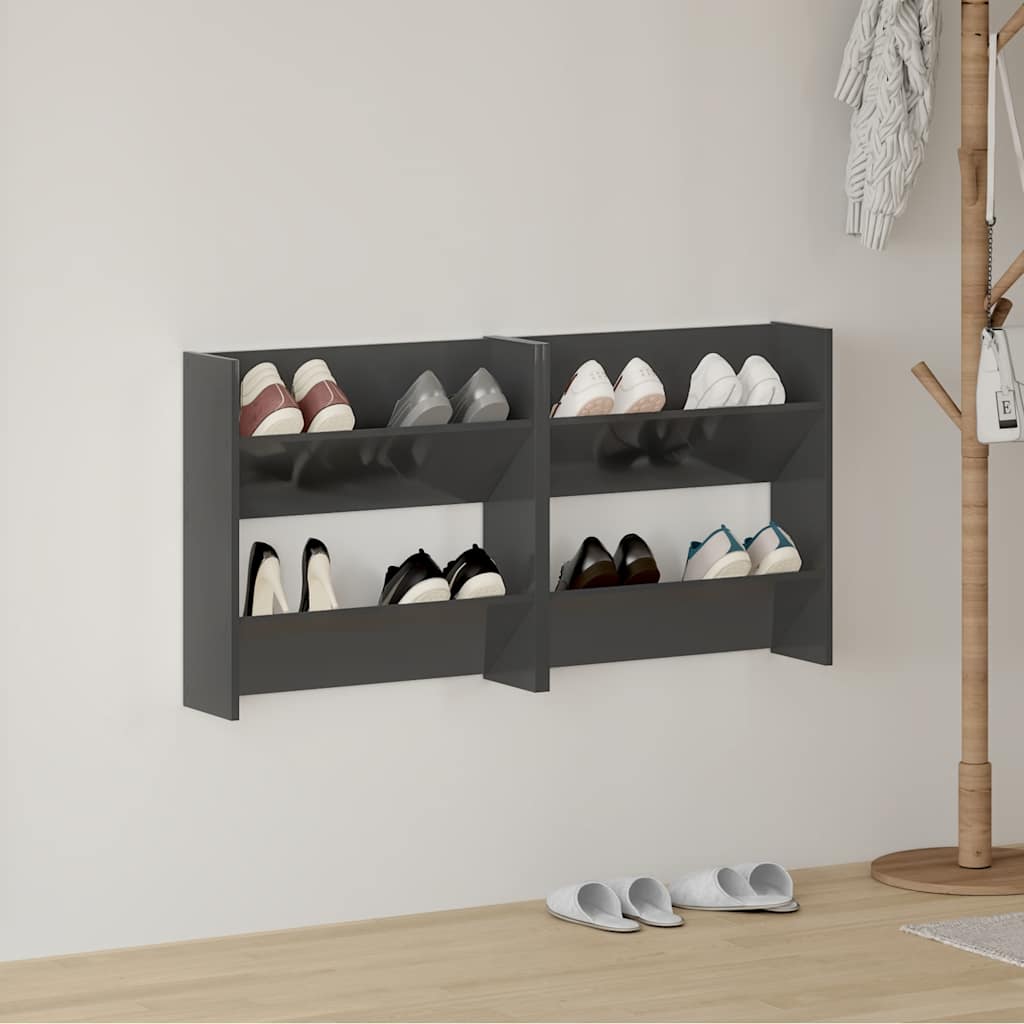 2 db magasfényű szürke szerelt fa fali cipősszekrény 60x18x60cm