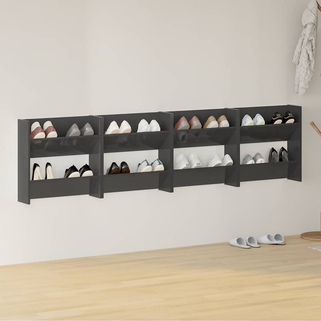 4 db magasfényű szürke szerelt fa fali cipősszekrény 60x18x60cm