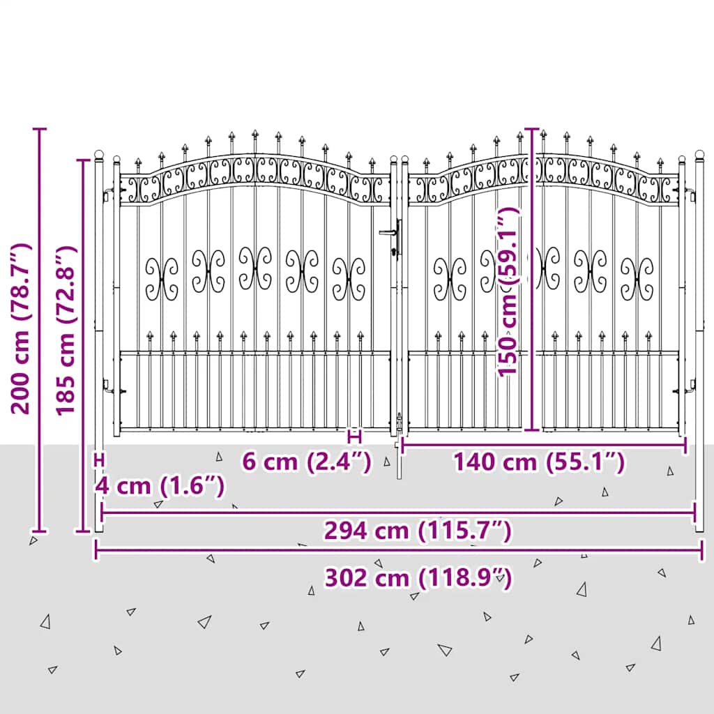 fekete acél kerítéskapu KAMPEN lándzsás tetejű 302 x 150 cm