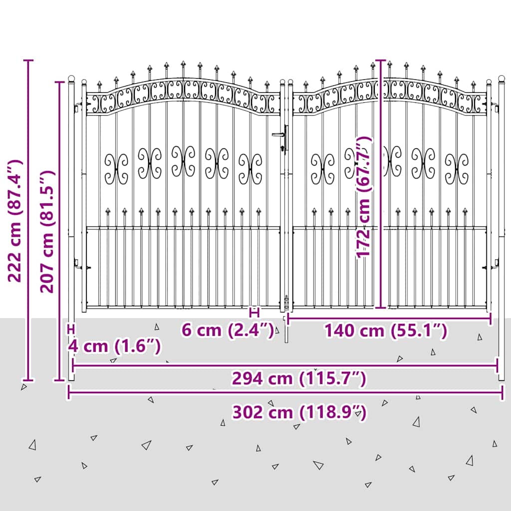 fekete acél kerítéskapu KAMPEN lándzsás tetejű 302 x 172 cm