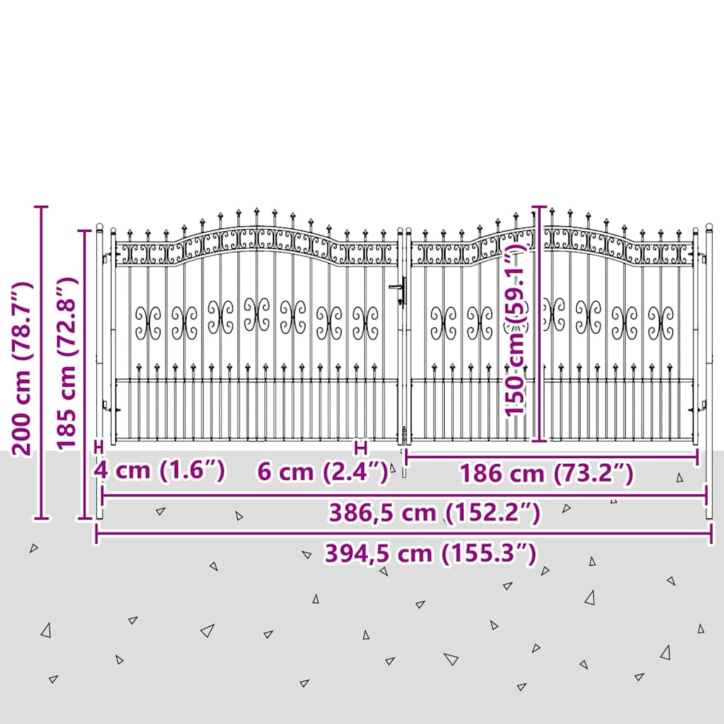fekete acél kerítéskapu KAMPEN lándzsás tetejű 394,5 x 150 cm