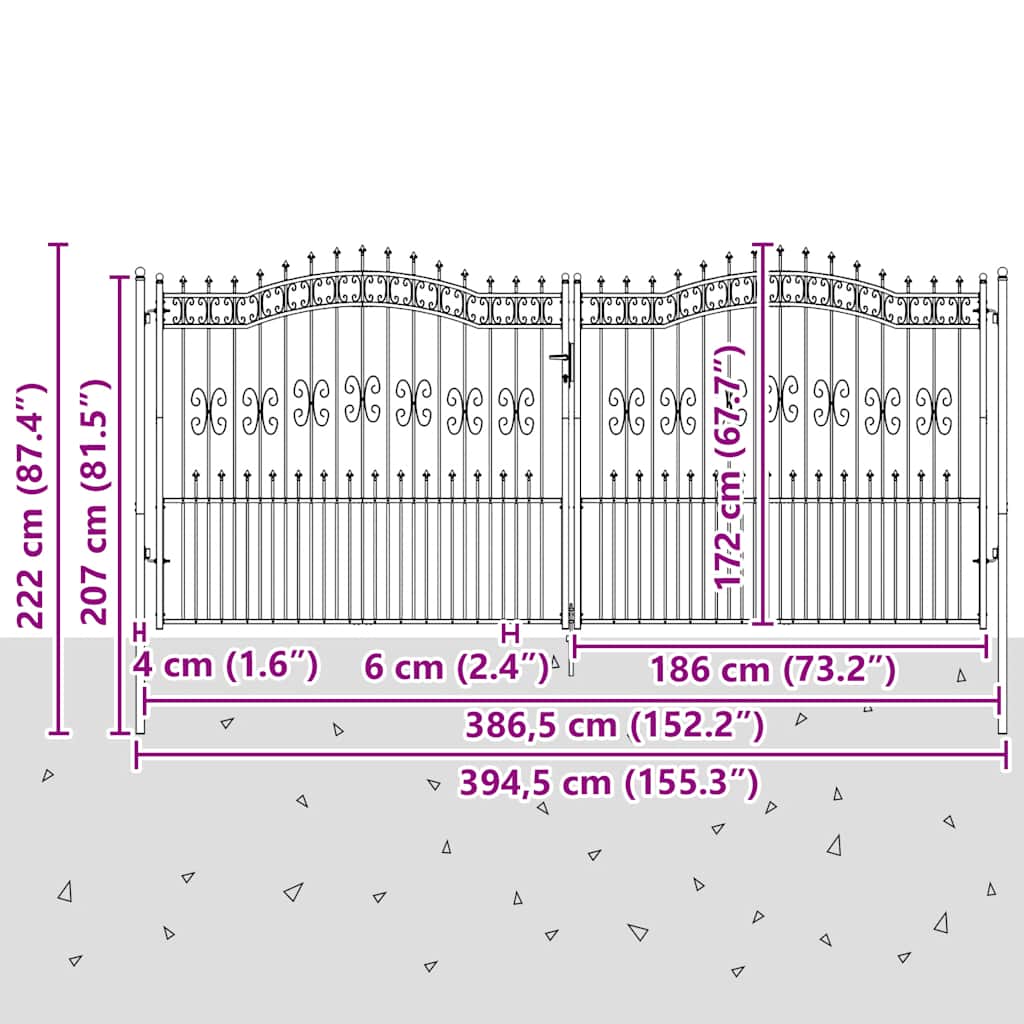 fekete porszórt acél kerítéskapu lándzsás tetejjel 406 x 175 cm