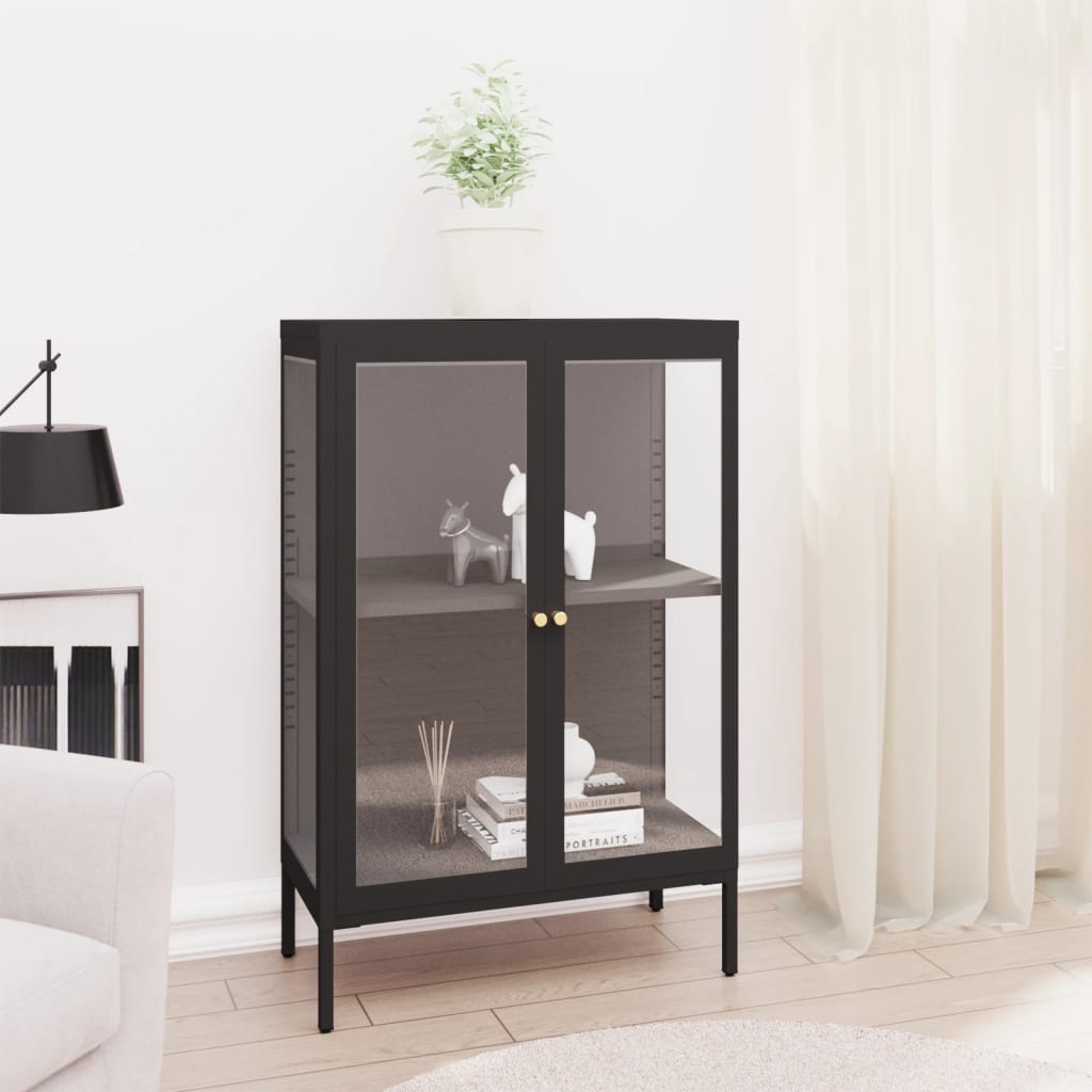 fekete acél és üveg tálalószekrény 75 x 35 x 105 cm