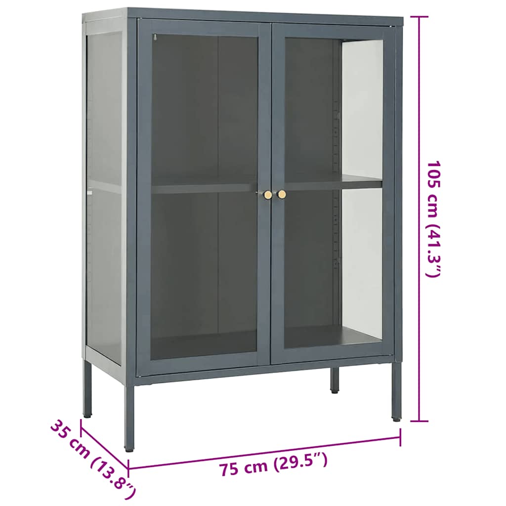 antracitszürke acél és üveg tálalószekrény 75 x 35 x 105 cm
