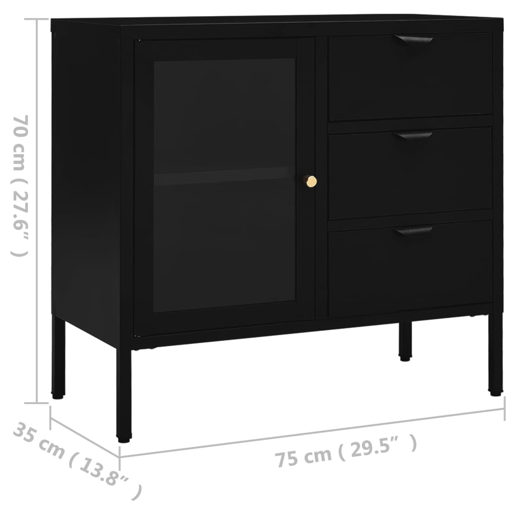fekete acél és edzett üveg tálalószekrény 75 x 35 x 70 cm