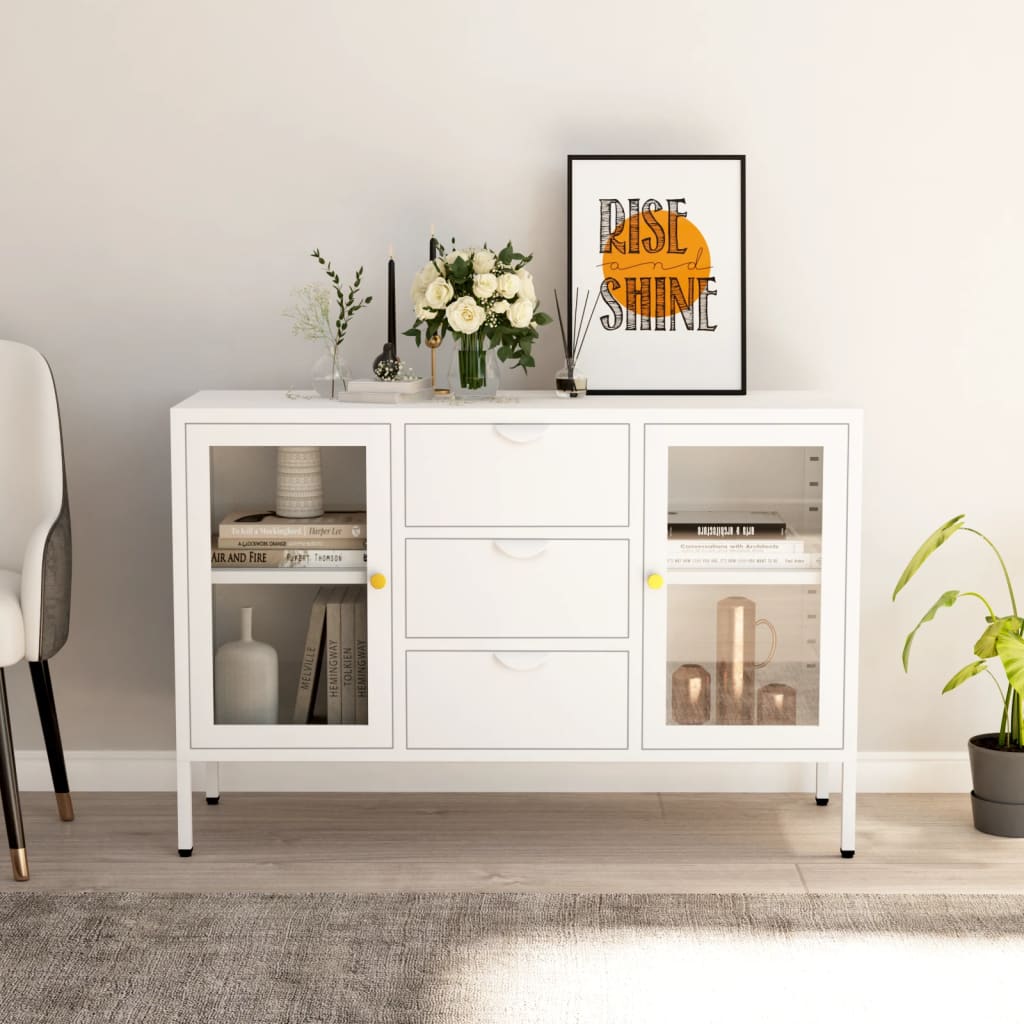 fehér acél és edzett üveg tálalószekrény 105 x 35 x 70 cm