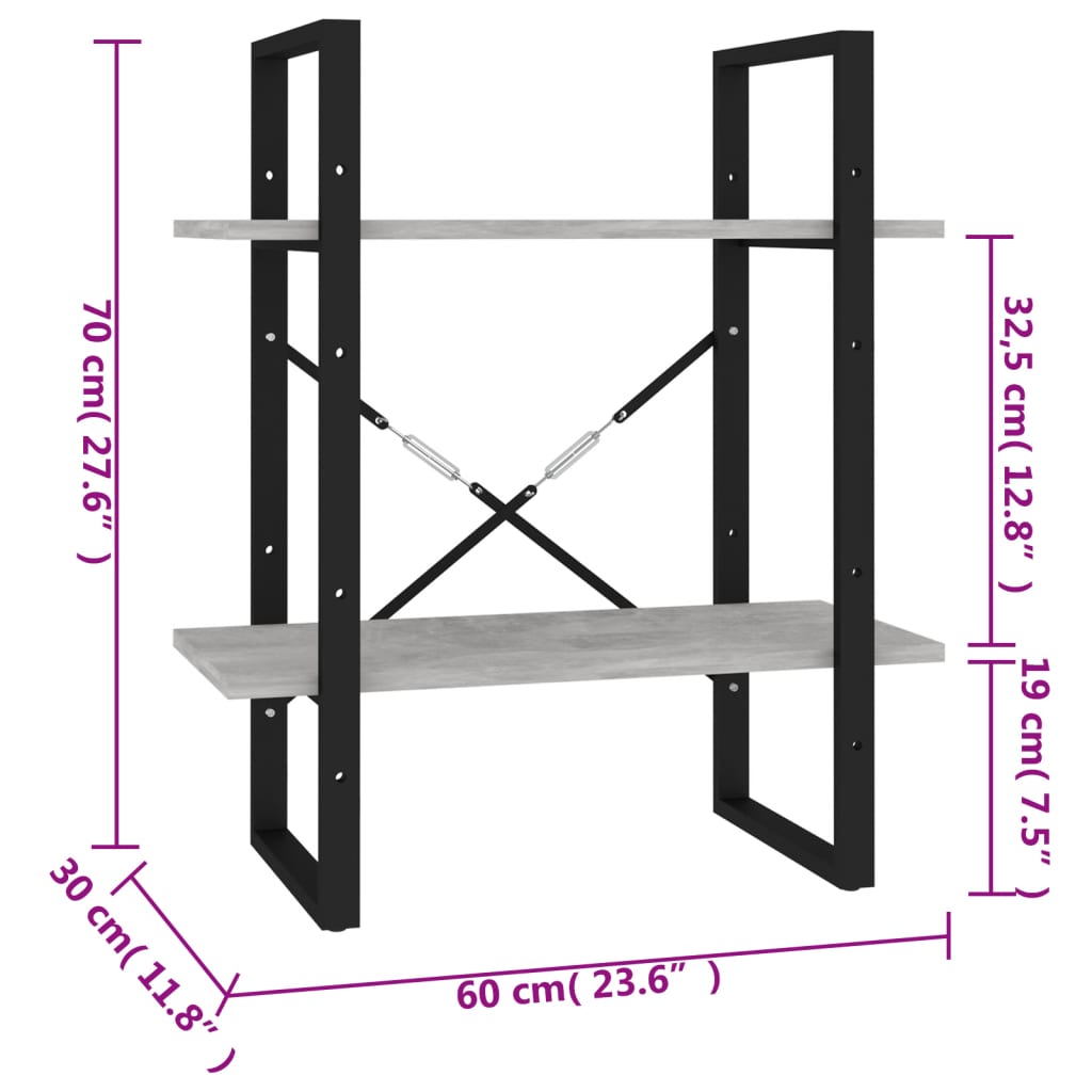 kétszintes betonszürke szerelt fa könyvszekrény 60 x 30 x 70 cm
