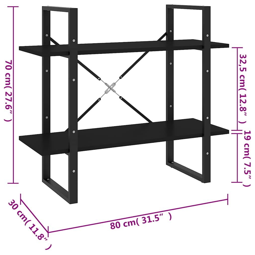2-szintes fekete szerelt fa könyvszekrény 80 x 30 x 70 cm