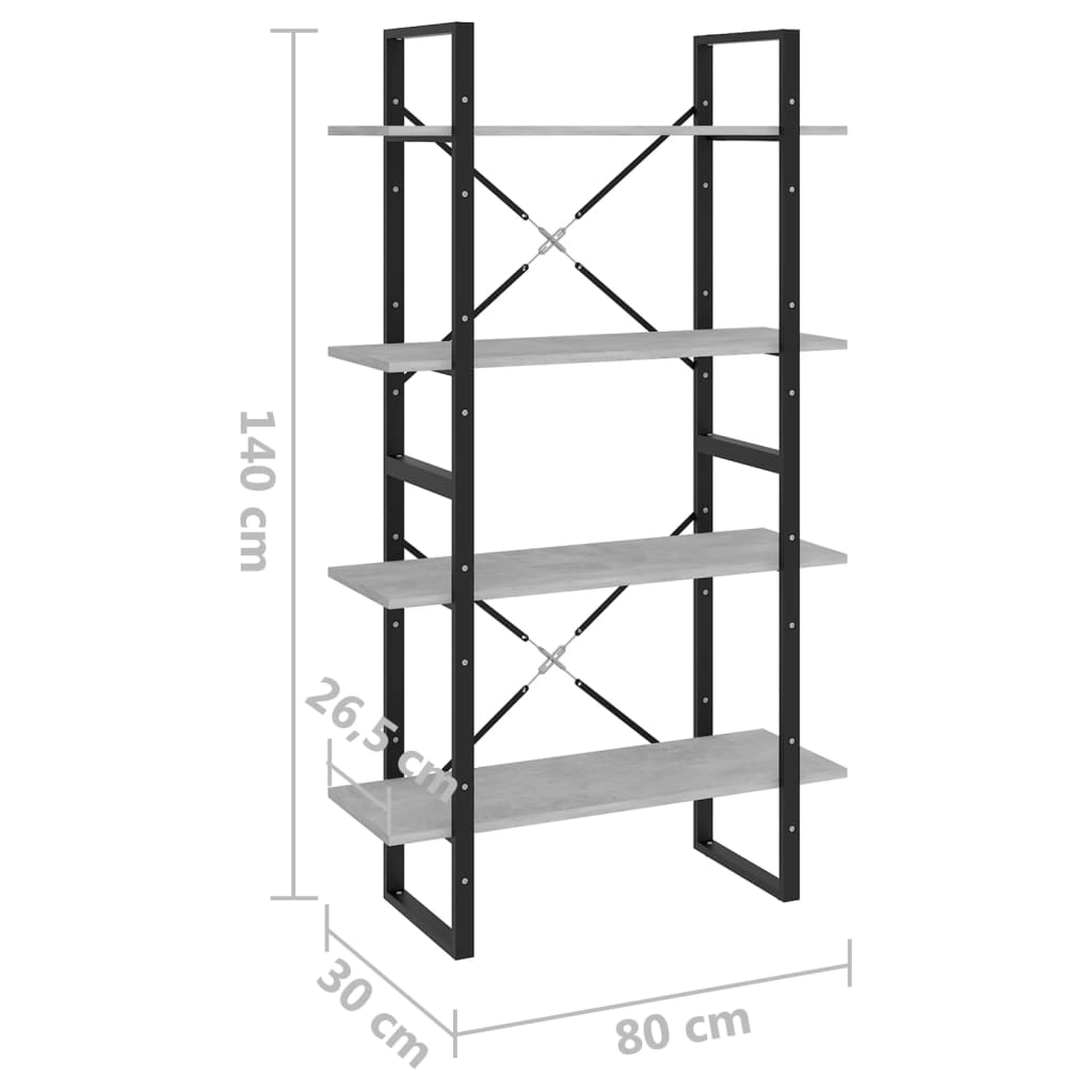 négyszintes betonszürke szerelt fa könyvszekrény 80x30x140 cm