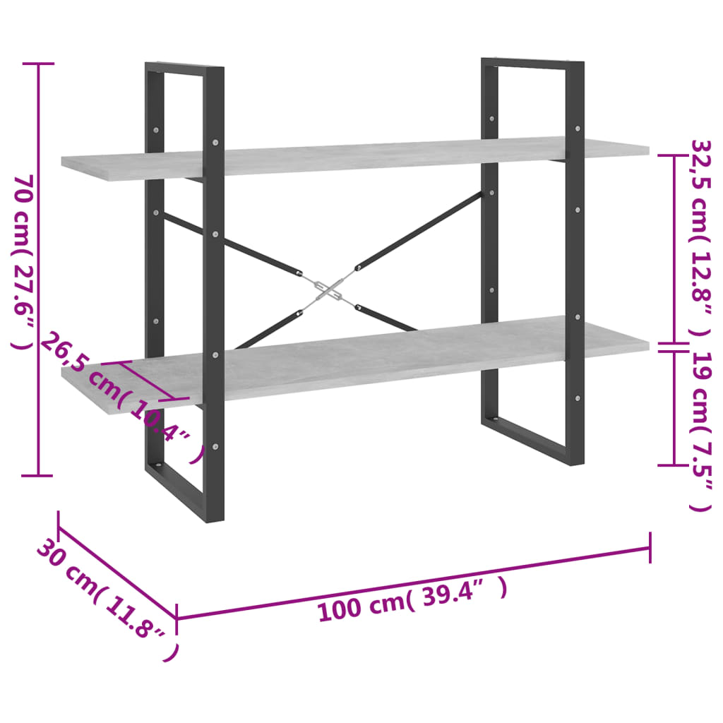 kétszintes betonszürke szerelt fa könyvszekrény 100x30x70 cm