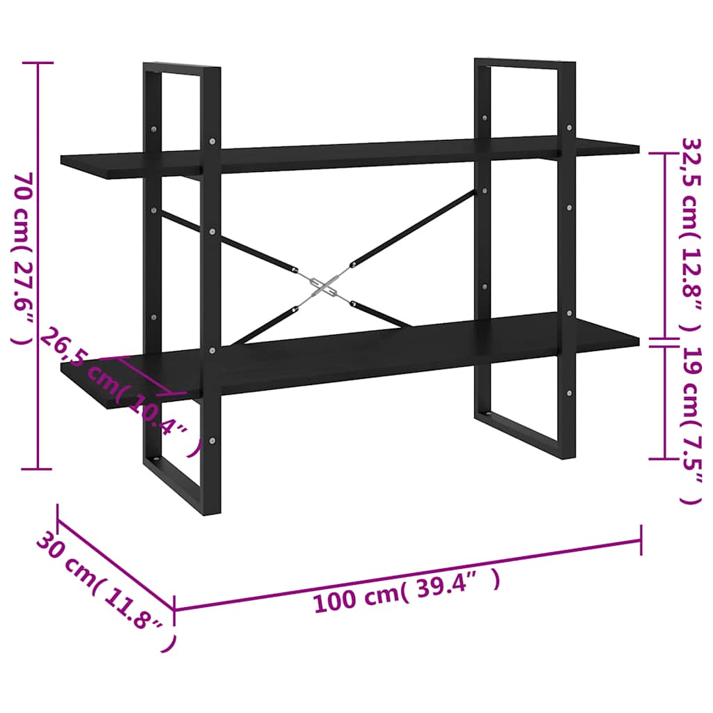 2-szintes fekete tömör fenyőfa könyvszekrény 100 x 30 x 70 cm