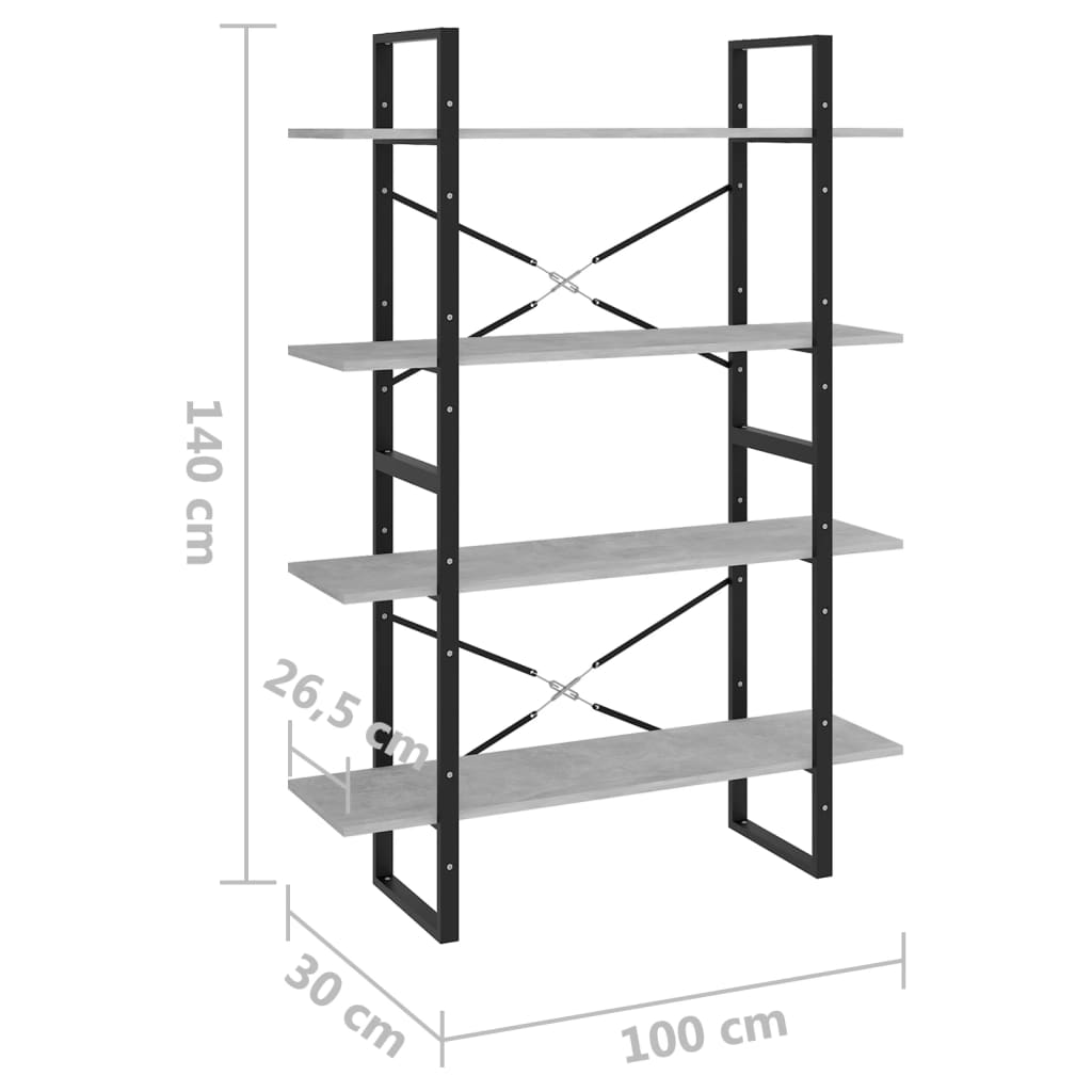 négyszintes betonszürke szerelt fa könyvszekrény 100x30x140 cm