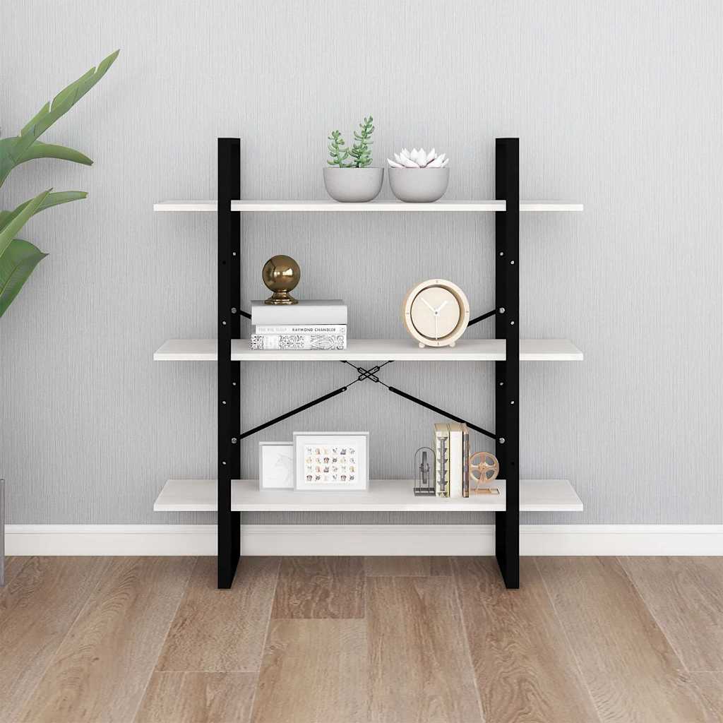 háromszintes fehér tömör fenyőfa könyvszekrény 100x30x105 cm