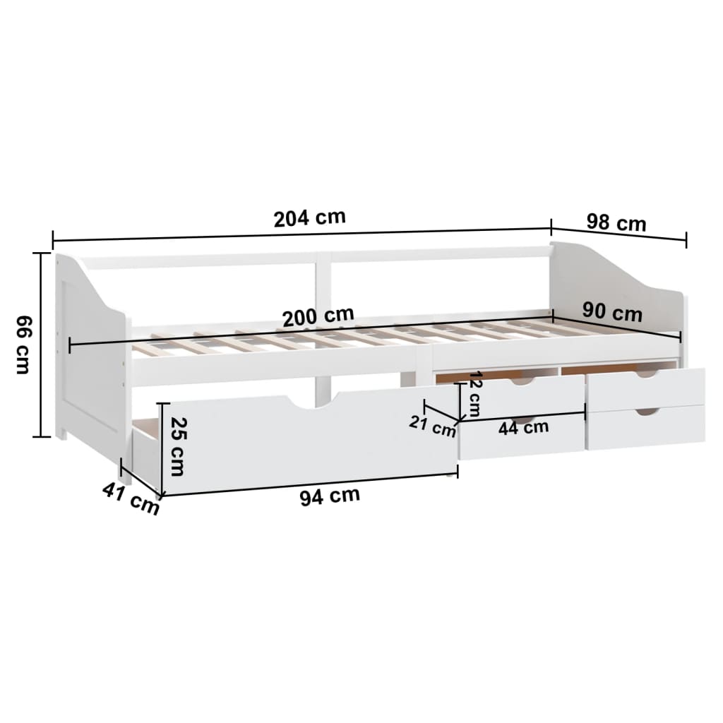fehér 3 személyes tömör fenyőfa kanapéágy fiókokkal 90 x 200 cm