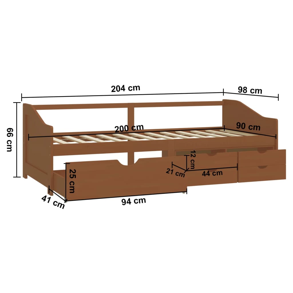 mézbarna 3 személyes tömör fenyőfa kanapéágy fiókokkal 90x200cm