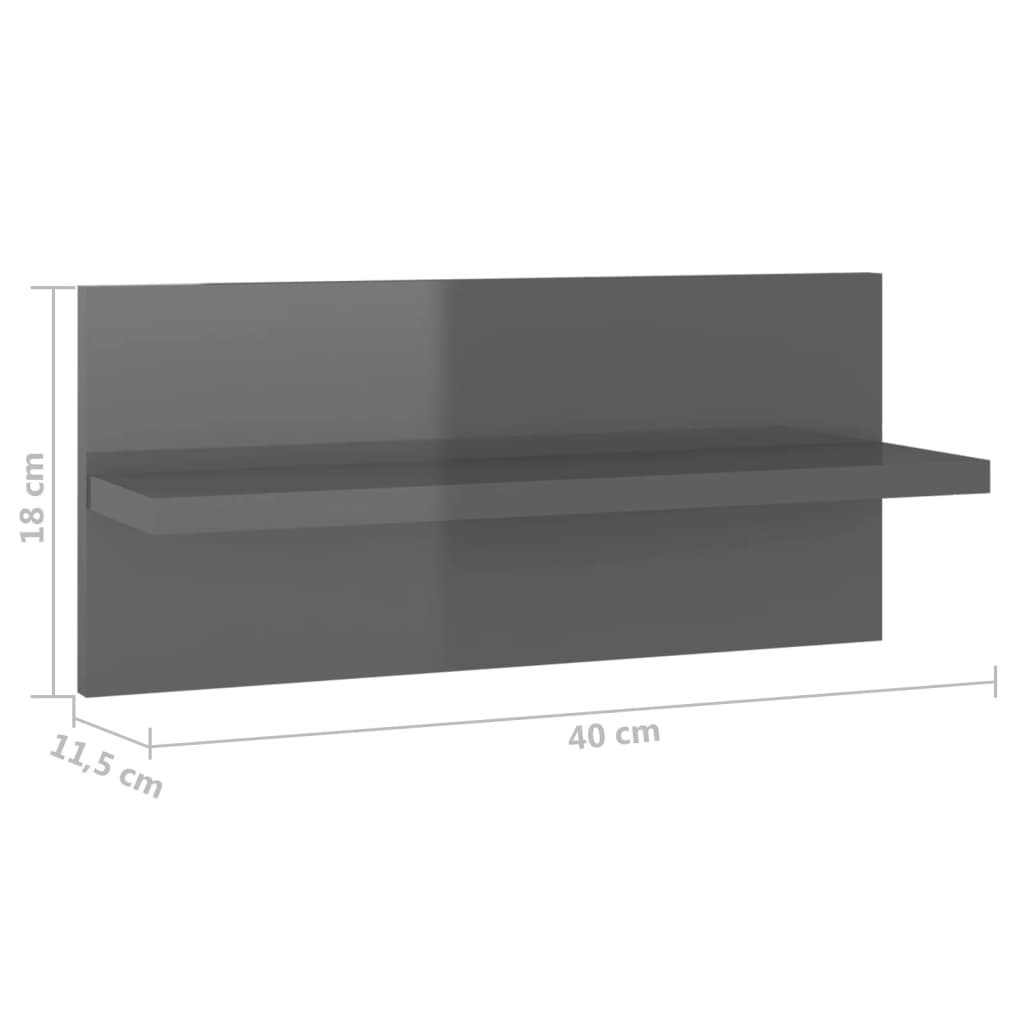 4 db magasfényű szürke fali polc 40 x 11,5 x 18 cm