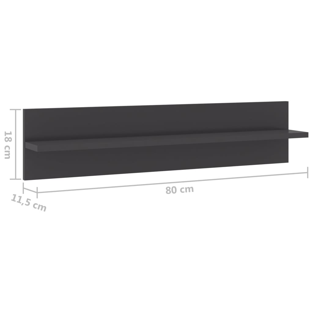 4 db magasfényű szürke szerelt fa fali polc 80 x 11,5 x 18 cm