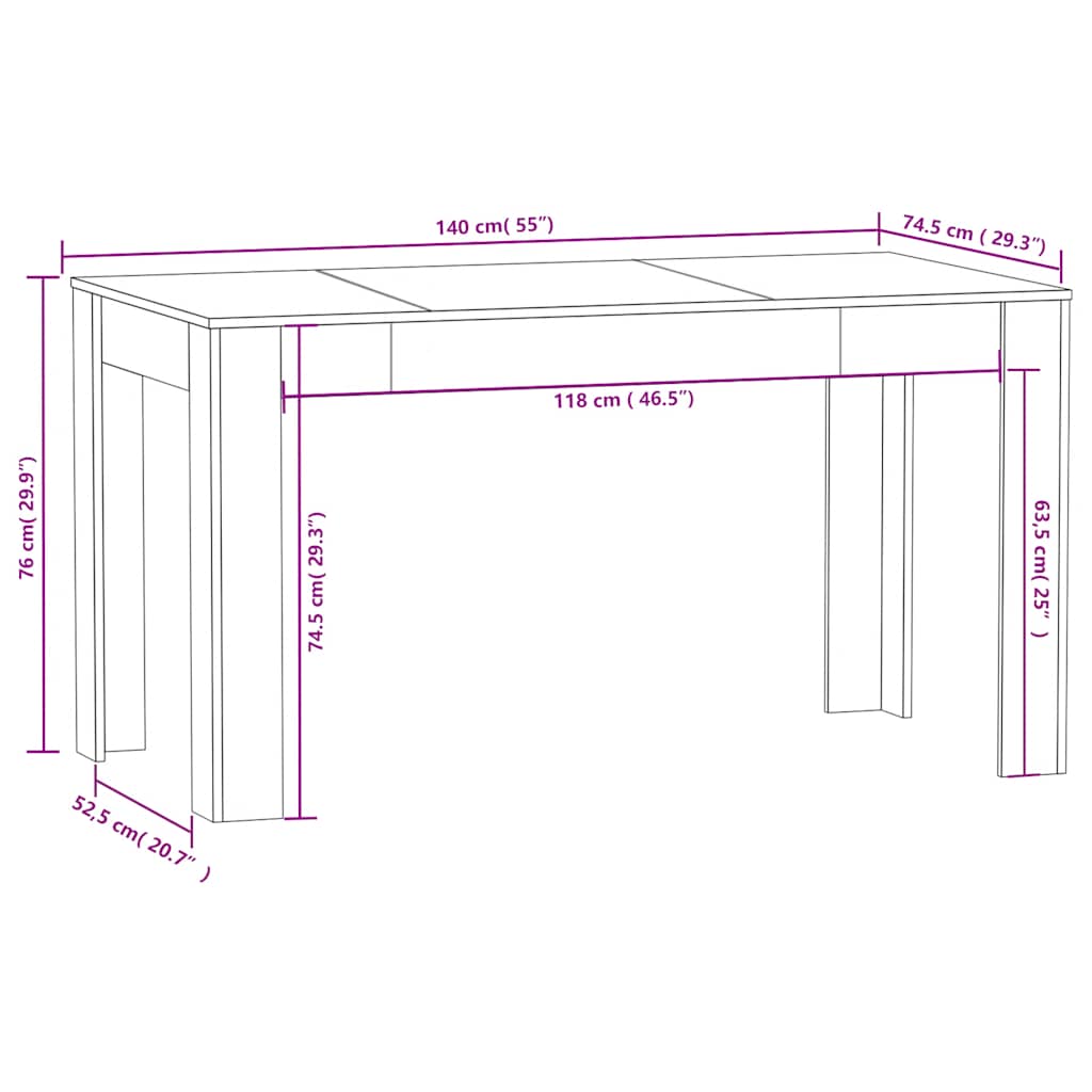 betonszürke szerelt fa étkezőasztal 140 x 74,5 x 76 cm