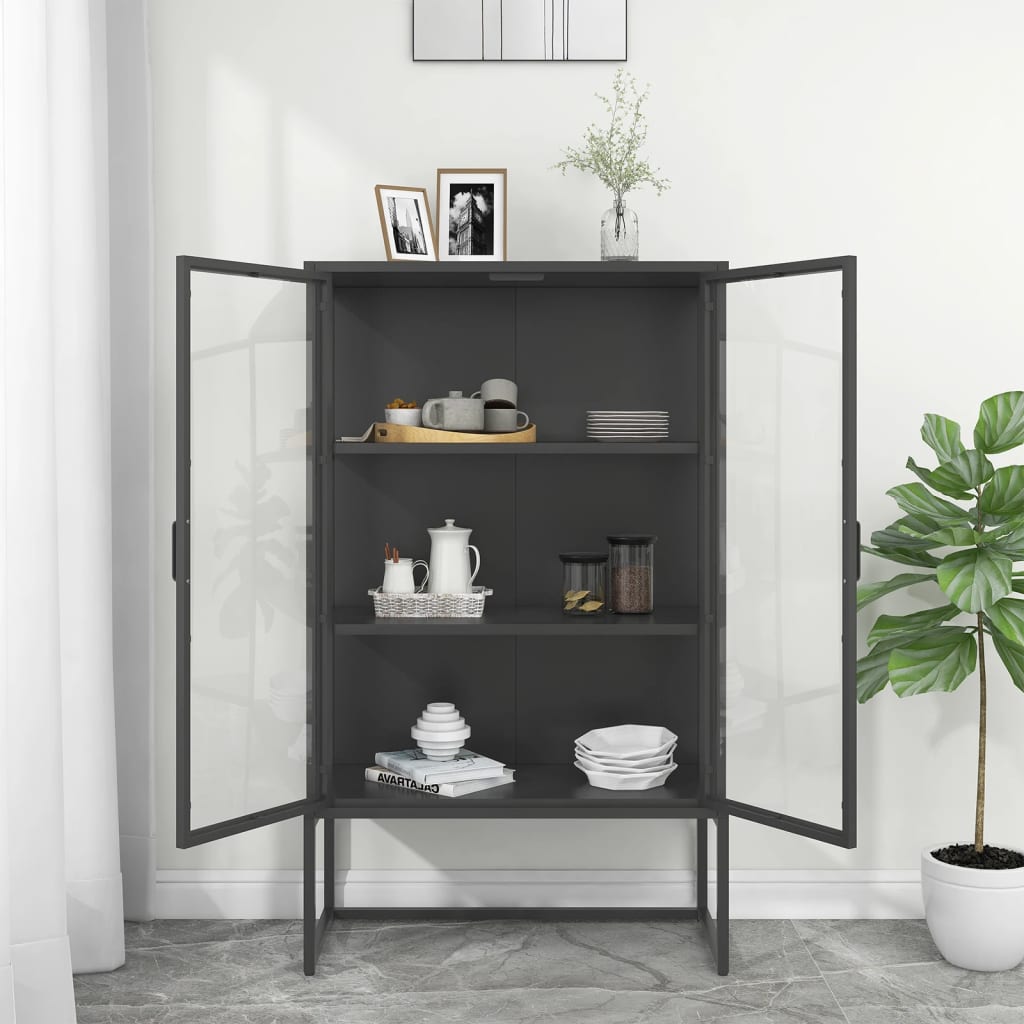antracitszürke acél és edzett üveg magasszekrény 80x35x135 cm