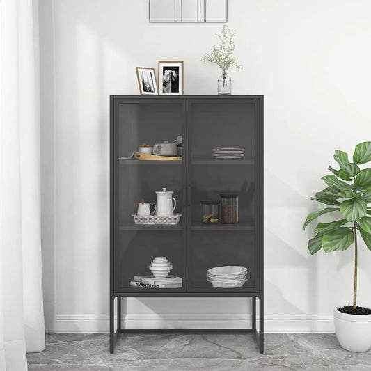 antracitszürke acél és edzett üveg magasszekrény 80x35x135 cm