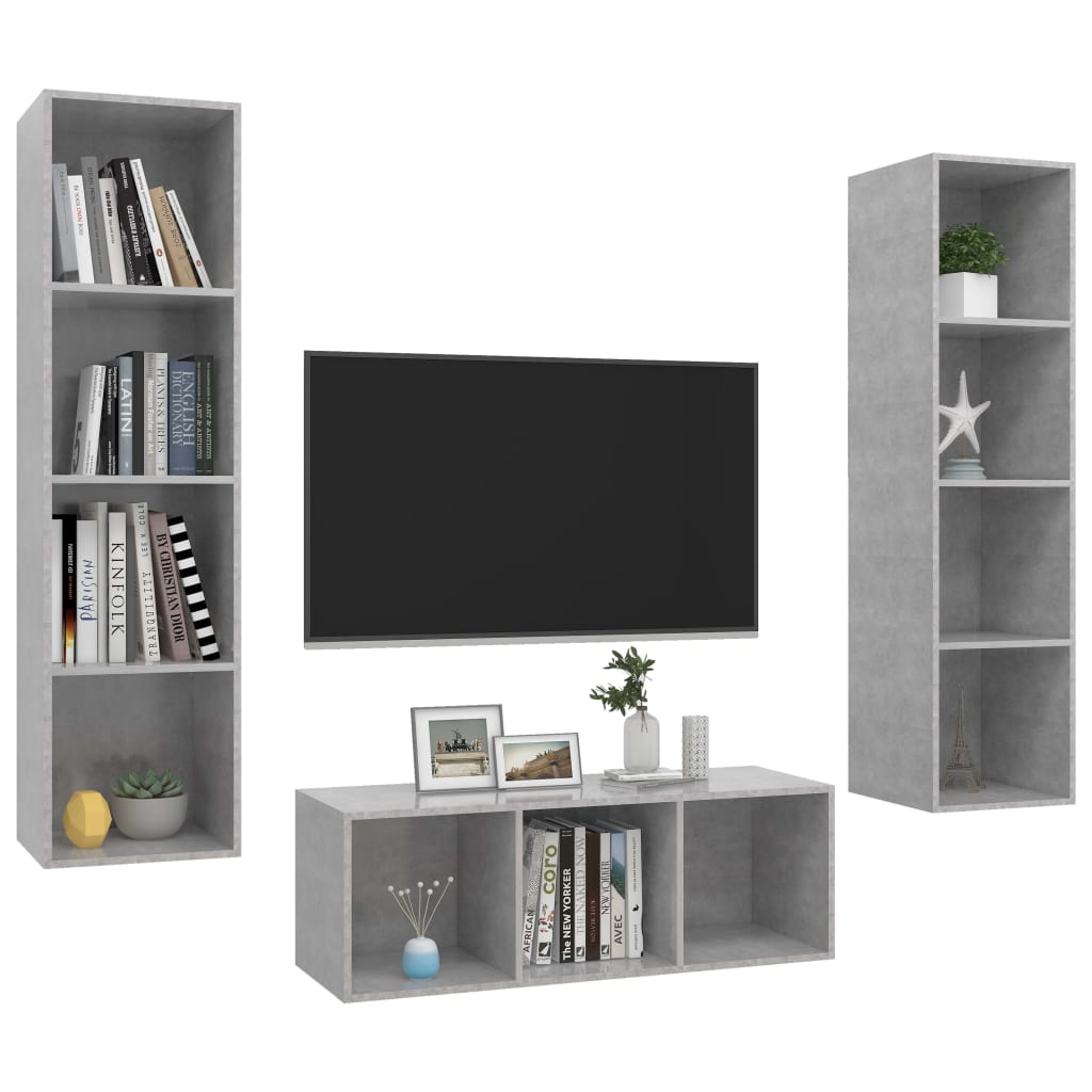 3 részes betonszürke szerelt fa TV-szekrény szett