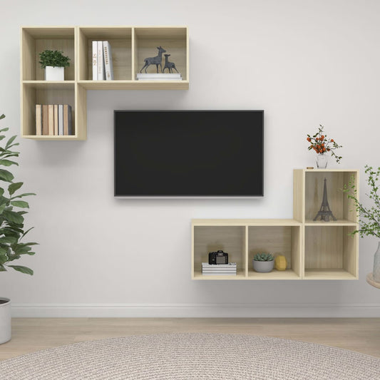 4 db tölgyszínű szerelt fa falra szerelhető TV-szekrény