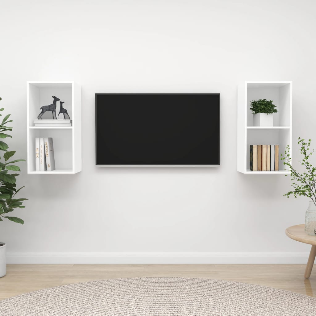 2 db fehér szerelt fa falra szerelhető TV-szekrény
