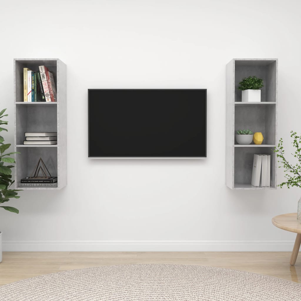 2 db betonszürke szerelt fa falra szerelhető TV-szekrény