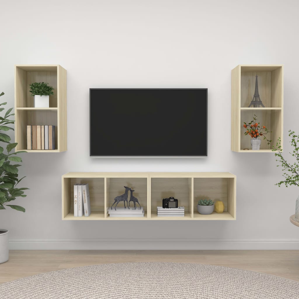 4 db tölgyszínű szerelt fa falra szerelhető TV-szekrény