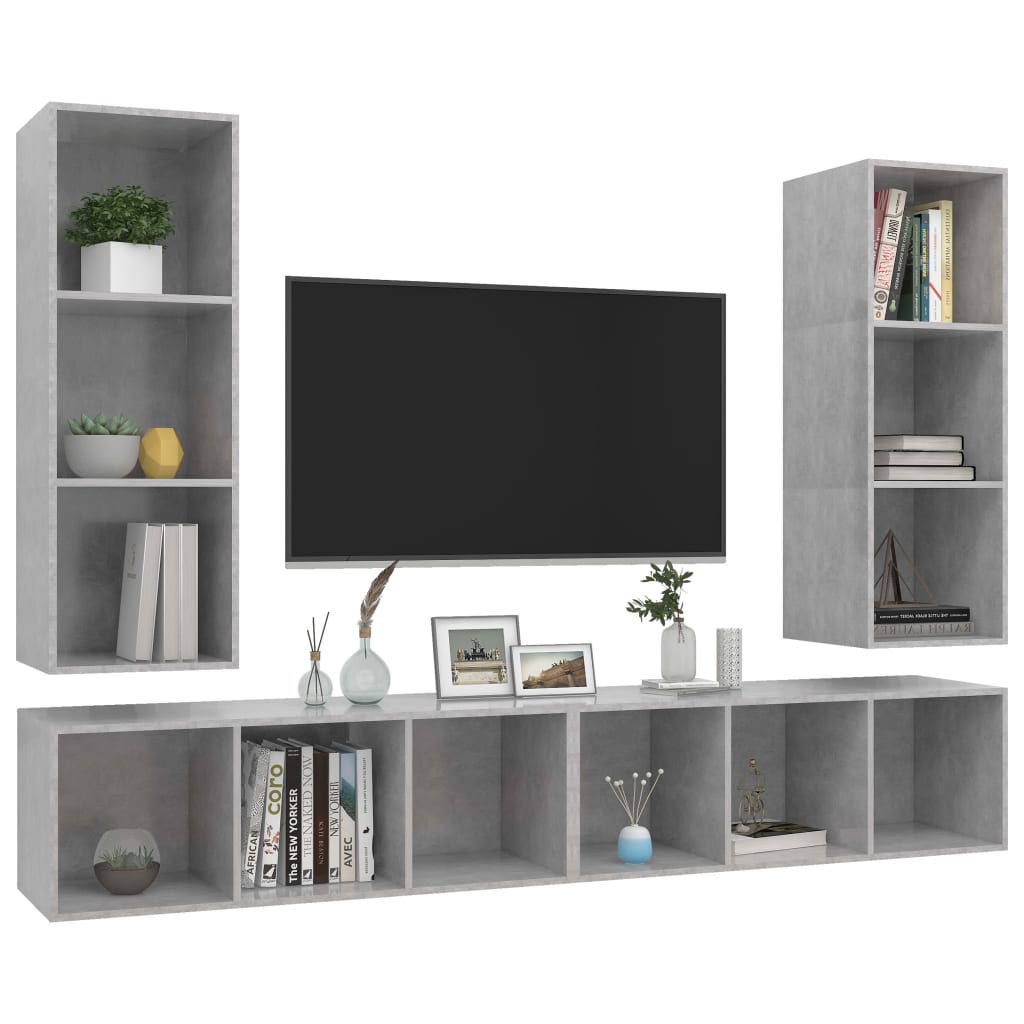 4 db betonszürke szerelt fa falra szerelhető TV-szekrény