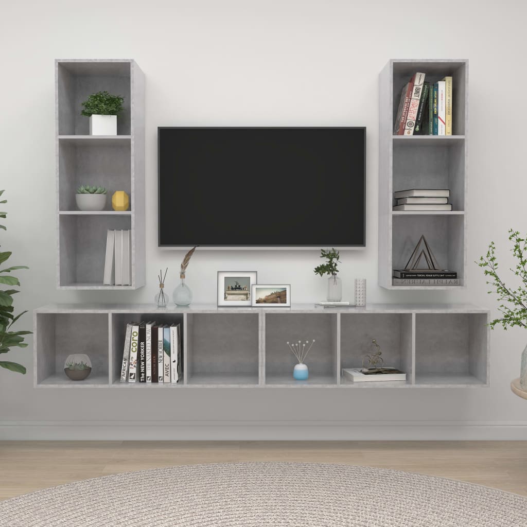 4 db betonszürke szerelt fa falra szerelhető TV-szekrény