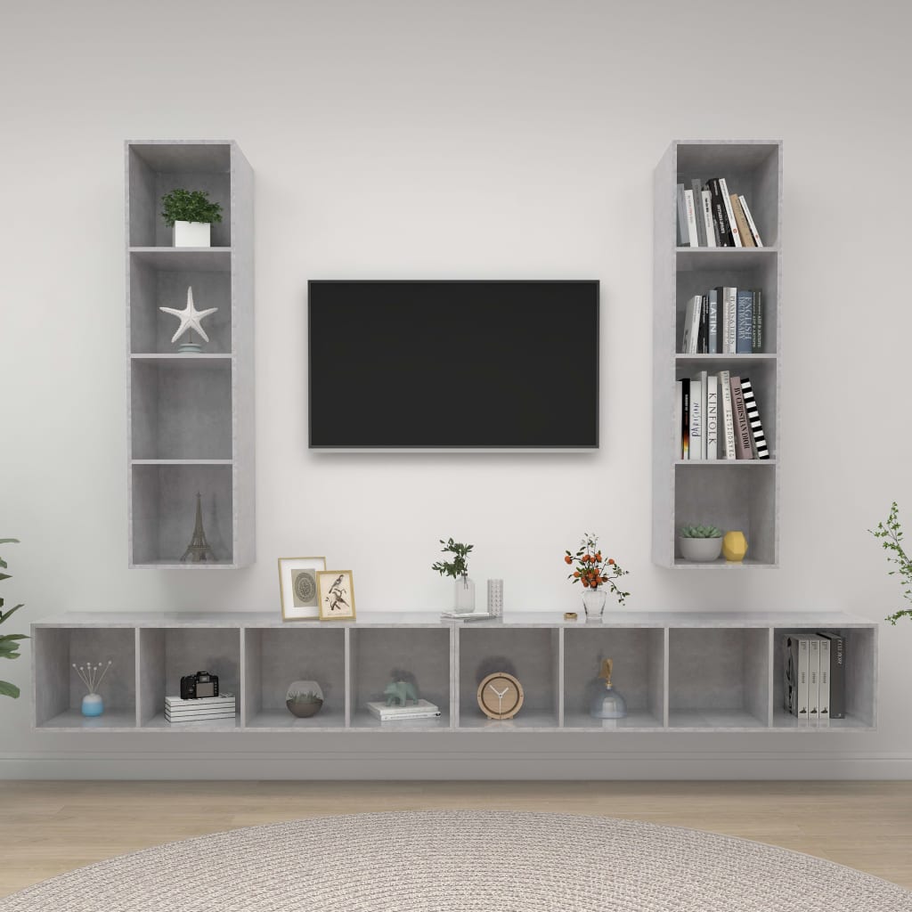 4 db betonszürke szerelt fa falra szerelhető TV-szekrény