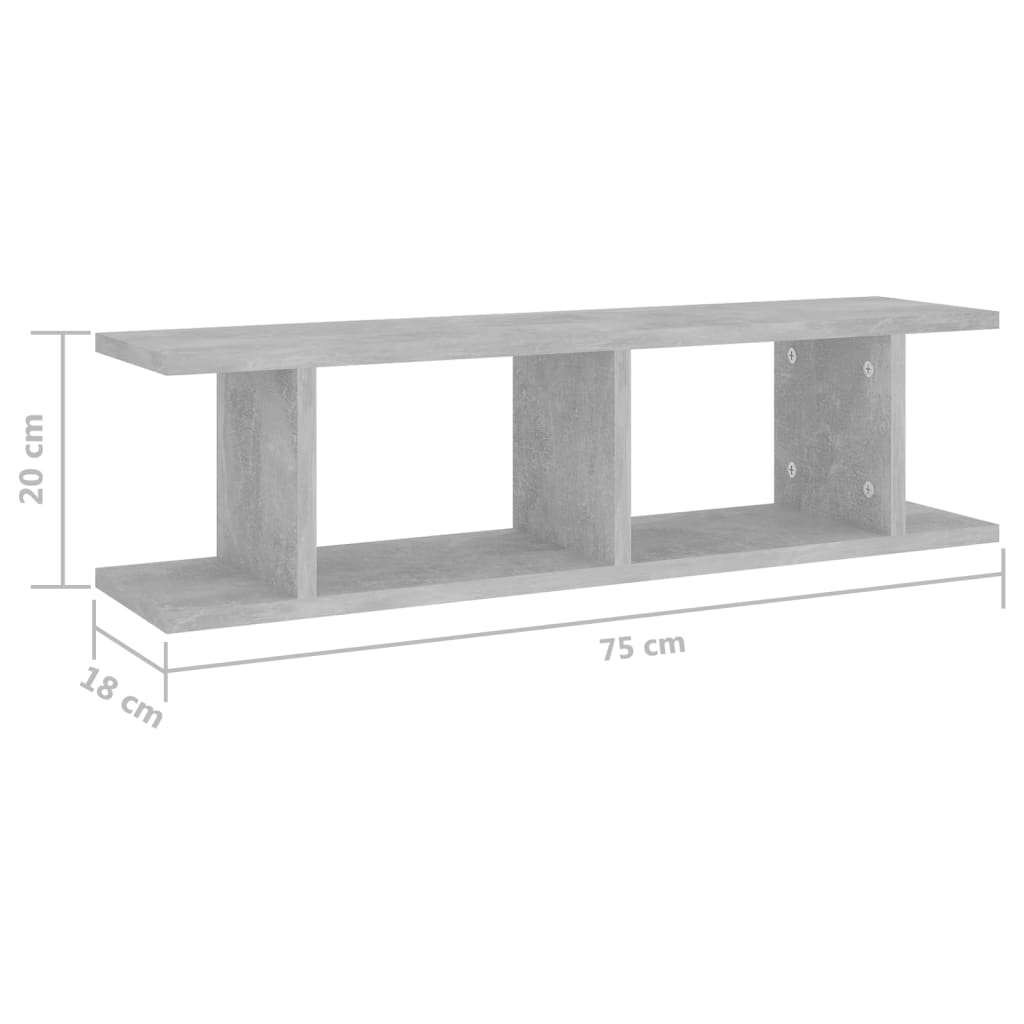 2 db betonszürke szerelt fa fali polc 75 x 18 x 20 cm