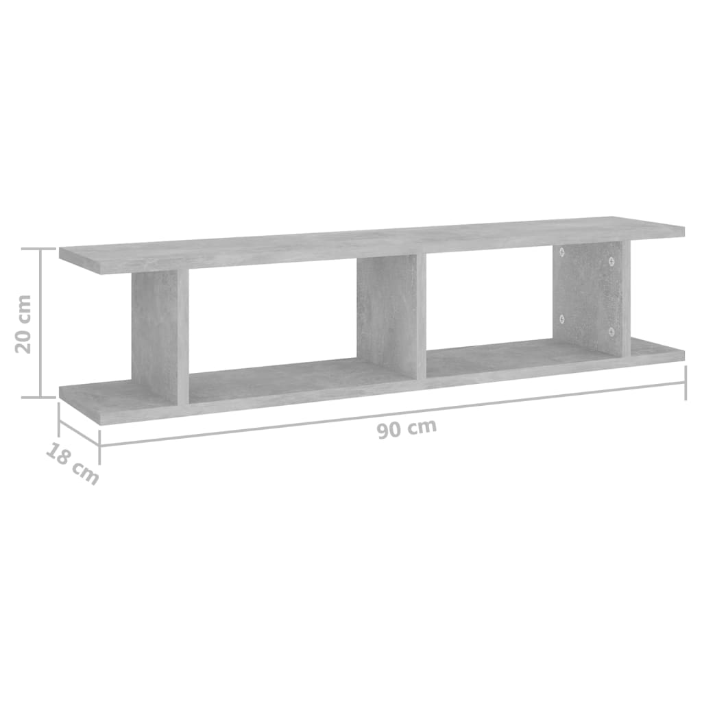 2 db betonszürke forgácslap fali polc 90 x 18 x 20 cm