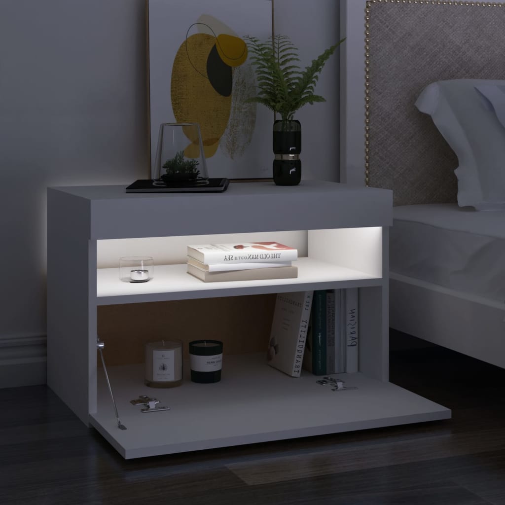 fehér éjjeliszekrény LED-lámpákkal 60x35x40 cm szerelt fa