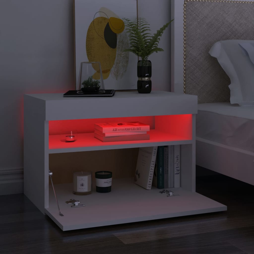 2 db fehér éjjeliszekrény LED-lámpákkal 60x35x40 cm szerelt fa