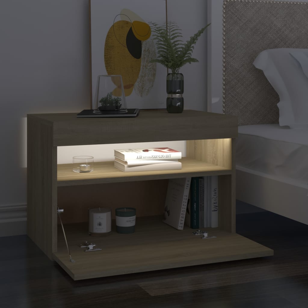 2 db sonoma tölgyszínű éjjeliszekrény LED-lámpákkal 60x35x40 cm