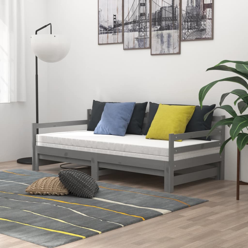 szürke tömör fenyőfa kihúzható kanapéágy 2 x (90 x 200) cm