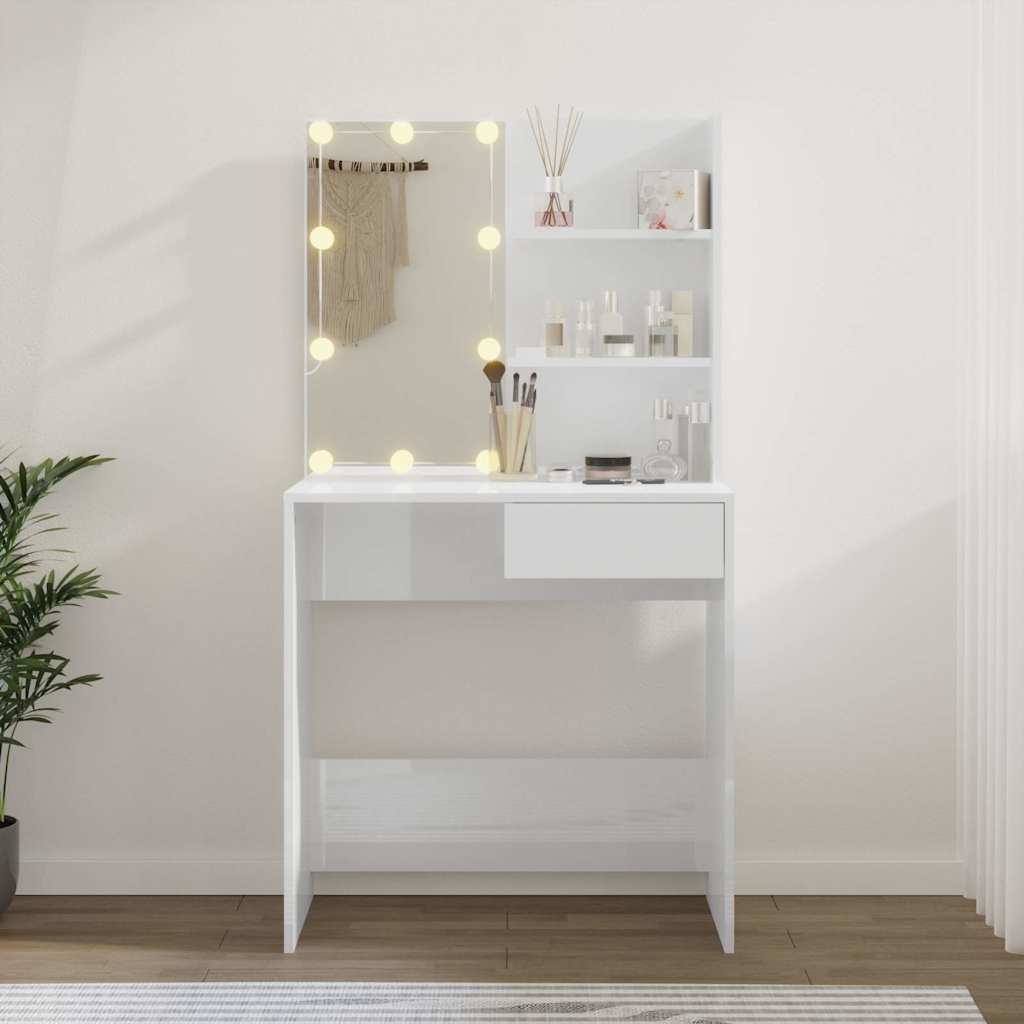 magasfényű fehér fésülködőasztal LED-del 74,5x40x141 cm