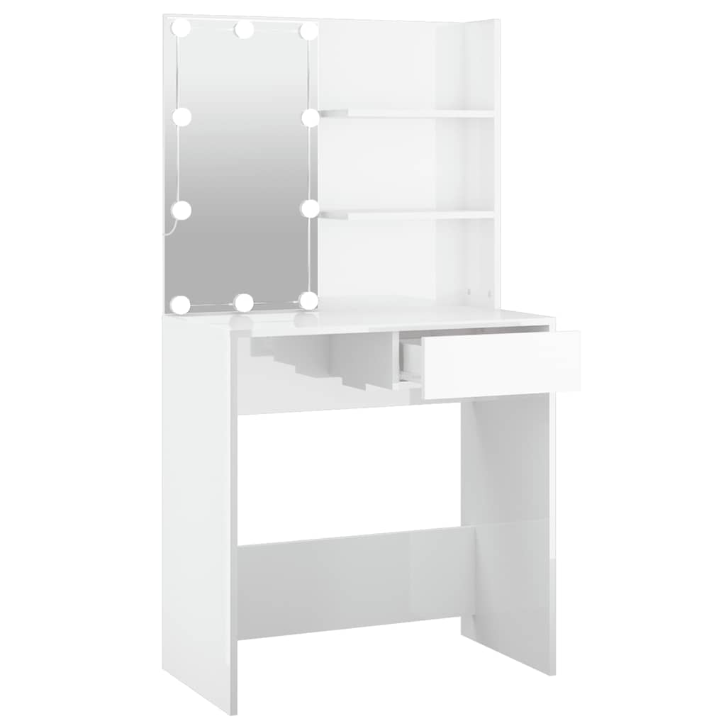 magasfényű fehér fésülködőasztal LED-del 74,5x40x141 cm