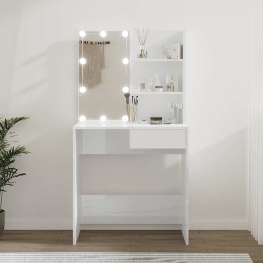 magasfényű fehér fésülködőasztal LED-del 74,5x40x141 cm