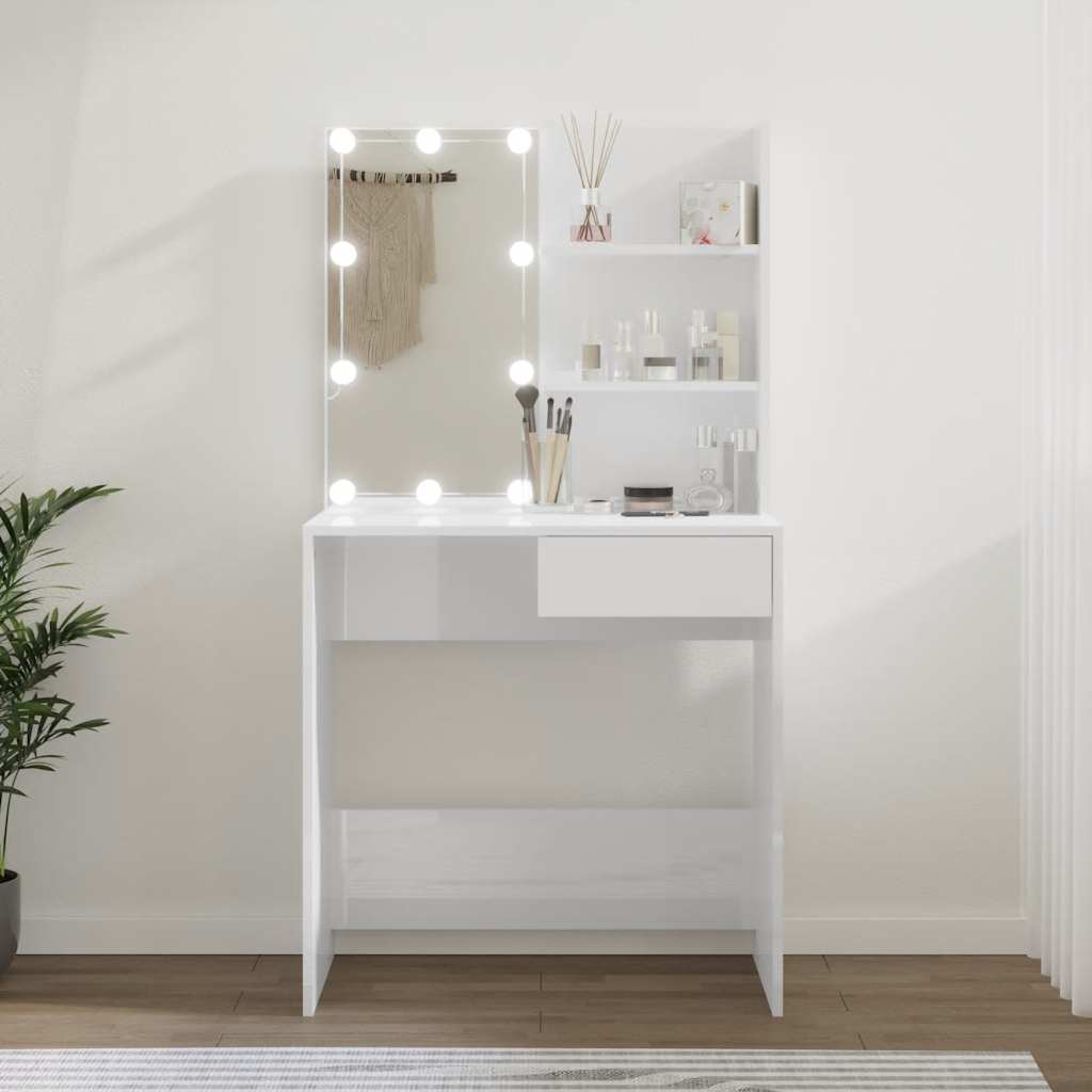 magasfényű fehér fésülködőasztal LED-del 74,5x40x141 cm