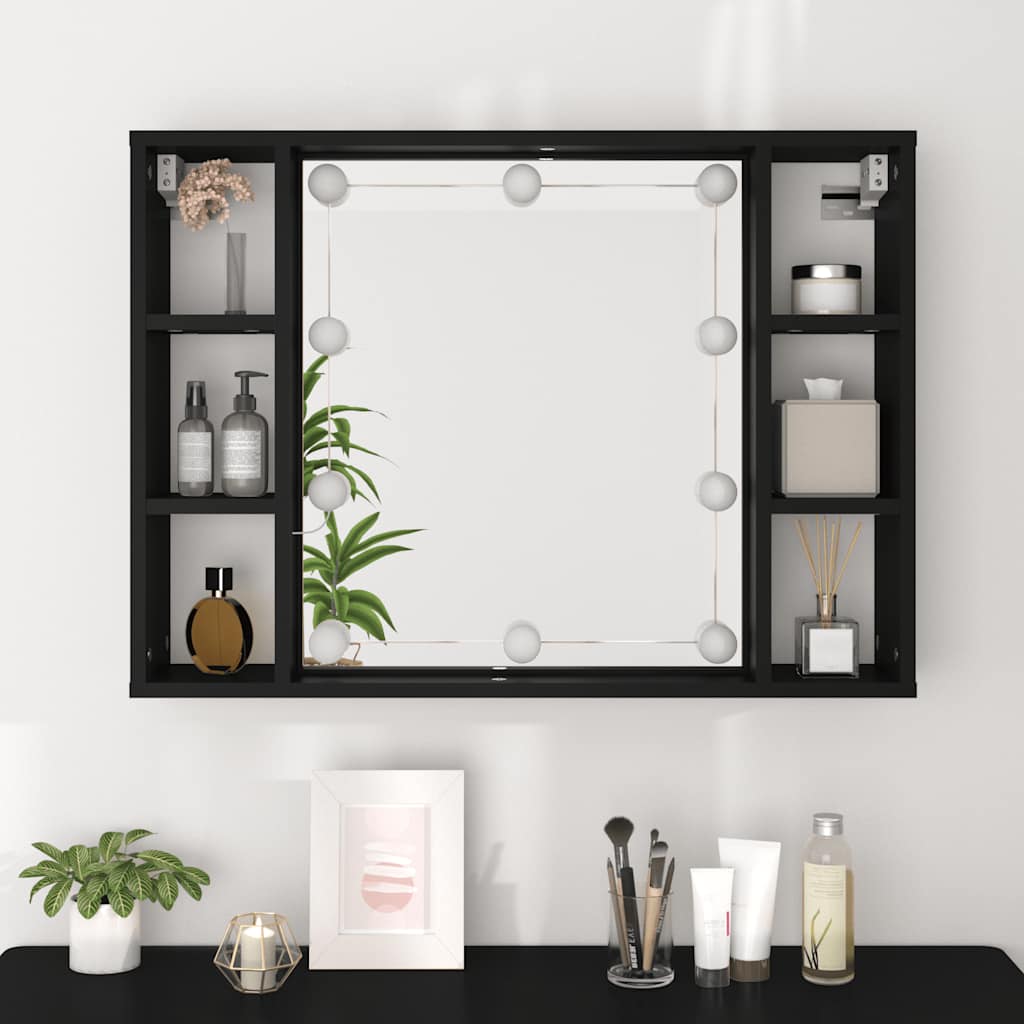 fekete tükrös szekrény LED-ekkel 76 x 15 x 55 cm