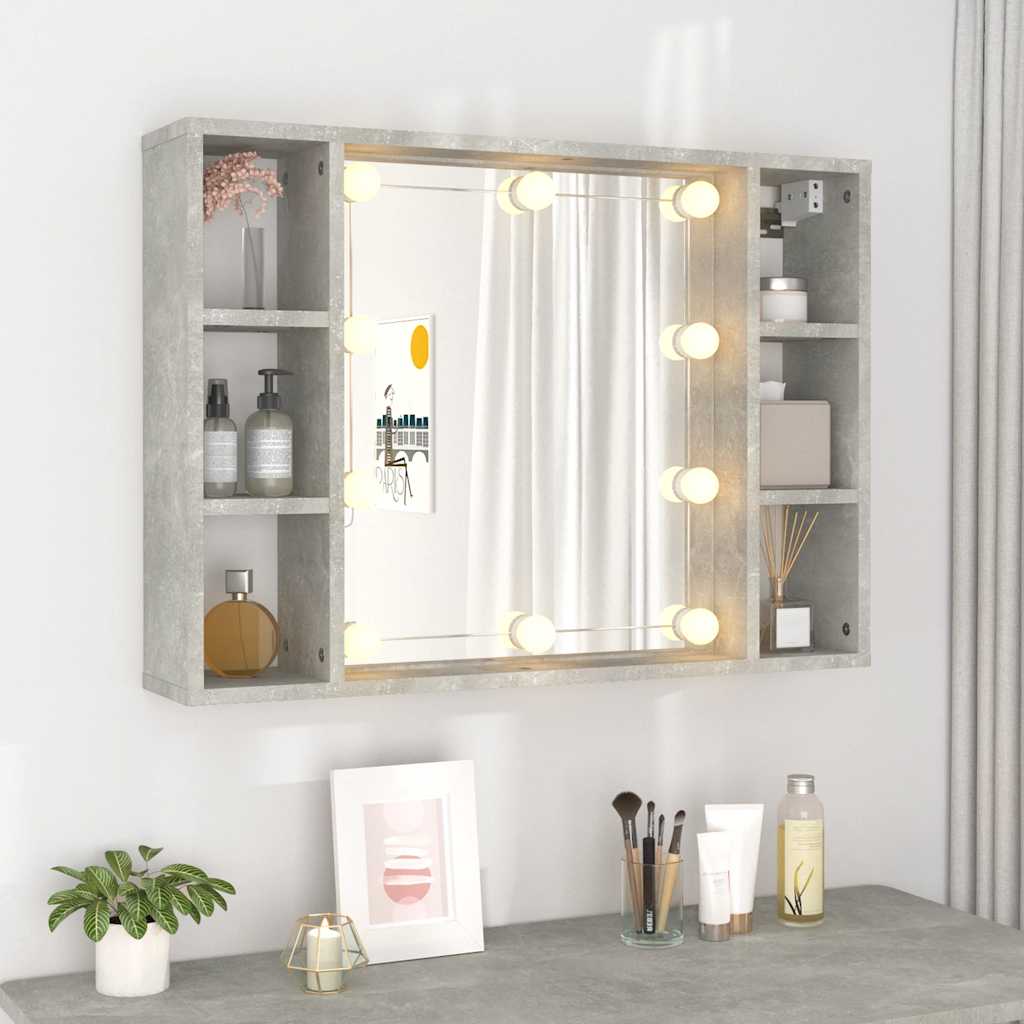 betonszürke tükrös szekrény LED-ekkel 76 x 15 x 55 cm