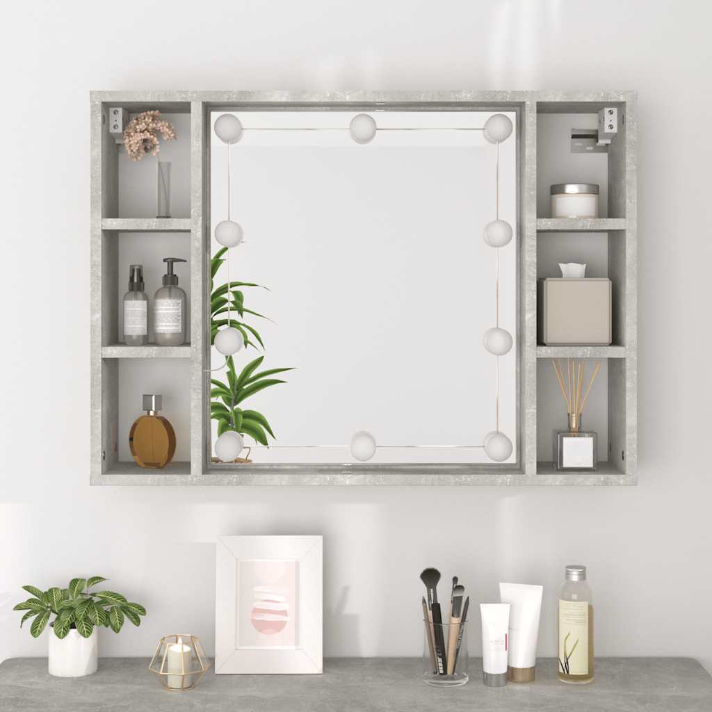 betonszürke tükrös szekrény LED-ekkel 76 x 15 x 55 cm